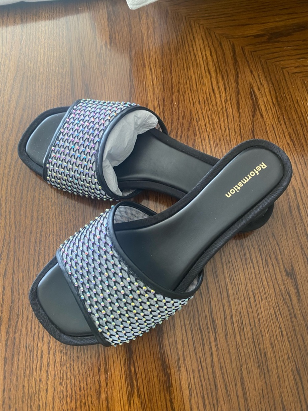 Reformation Rhinestone Mesh Slide Sandals Black Size 6 Sparkly - Picture 8 of 8